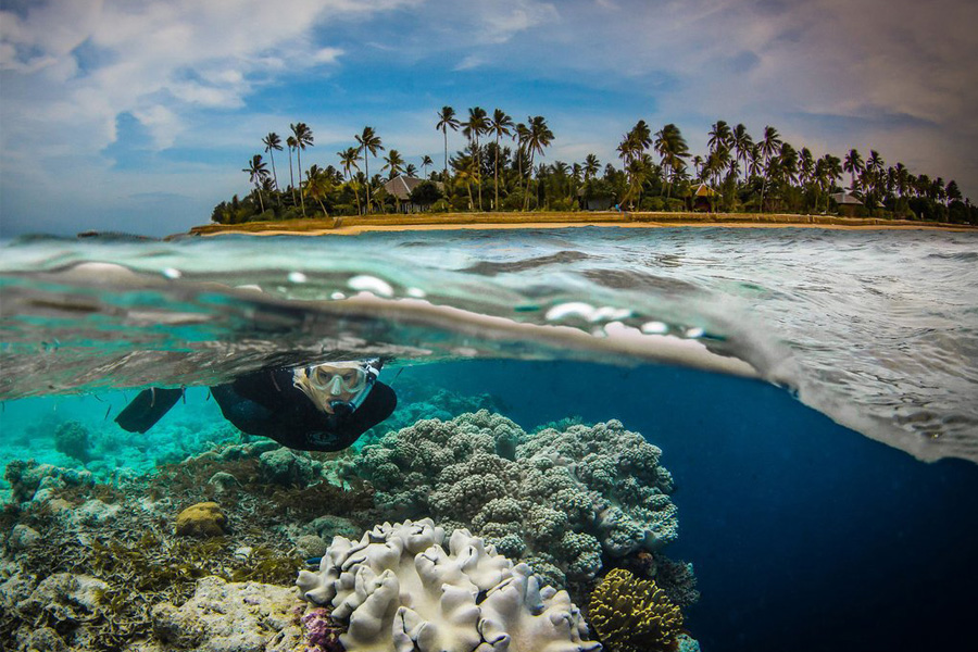 Photo Mi Air Mi Eau Plongeur avec île en arrière plan